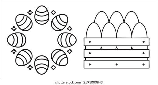 Easter eggs in a circular design next to a wooden crate filled with eggs.