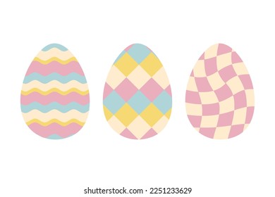 Easter eggs сlipart collection in 1970 retro style. Perfect for stickers, cards, print. Isolated vector illustration for decor and design.

