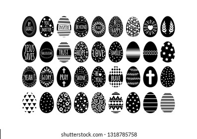 easter eggs collection with black geometry pattern and different inscription.  