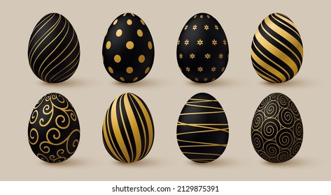 Ostereier-Sammlung. Schwarze und goldene 3-D-elegante Designelemente. Vektorgrafik.