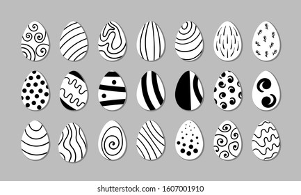 Easter eggs collection. Black and white elements in hand drawn style. Flat vector illustration.