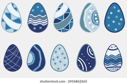 easter eggs collection,  blue color flat vector illustration, doodle set