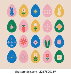 Colección de huevos de Pascua. Estilo geométrico retro brillante. Colección mínima plana. Vector