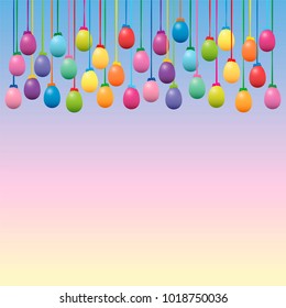 Easter eggs collection. Colorful hanging decoration on blue pink yellow gradient background. Vector illustration.