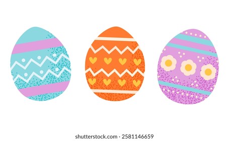 Easter Eggs collection, colourful decorated eggs with decoration patterns on white background. Flat illustration.