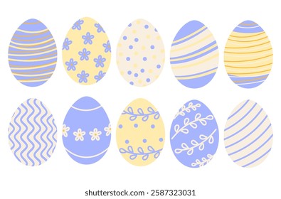 Easter eggs collection, colourful decorated eggs. Vector illustration in pastel colours. 
Violet, milky colors