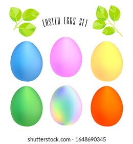 Easter eggs collection. Colourful holiday decoration and couple of spring green leaves. Set of design element isolated at white background. Vector illustration.