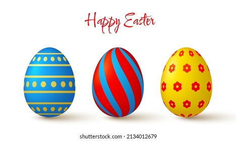Easter eggs collection. Cute 3D design elements in bright colors with a pattern. Vector illustration.