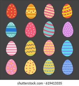 Easter eggs collection with different bright colors and simple pleasant patterns. Isolated vector illustration on black background.