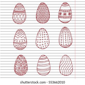 Easter eggs collection in doodle style on copybook background. vector illustration.