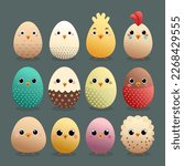 Easter eggs. Collection of Easter eggs in the form of chickens. Funny chickens in the form of eggs for easter