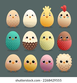 Easter eggs. Collection of Easter eggs in the form of chickens. Funny chickens in the form of eggs for easter