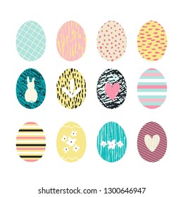 Easter eggs collection with hand drawn textures and decoration elements, florals, heart, bonny. Blue, yellow, pink, pastel colors