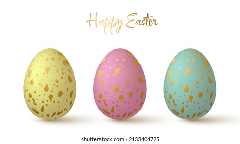 Easter eggs collection. Lovely 3d design elements in pastel colors with gold spotted pattern. Vector illustration.