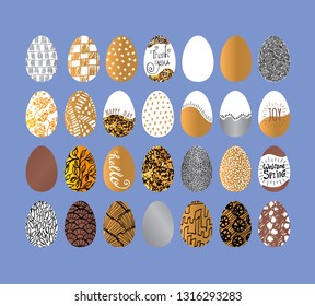 easter eggs collection. Metallic set gold and silver texture. Eggs with doodles pattern, inscription.
