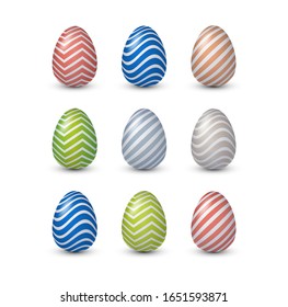 Easter eggs collection in modern snorkel palette with stripes and zigzag. Classic blue, lime punch, coralessence colors of eggs patterns. Vector illustration.