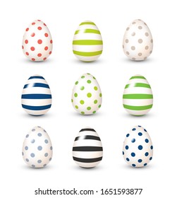 Easter eggs collection in modern snorkel palette with stripes and polka dots. Classic blue, lime punch, coralessence colors of eggs patterns. Vector illustration.