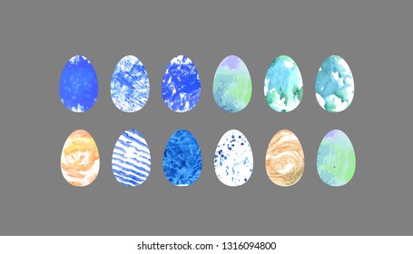 easter eggs collection. Multicolor set with watercolor texture