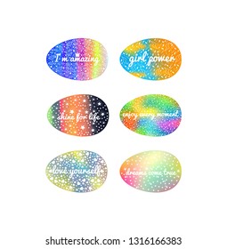 easter eggs collection. Multicolor set on white background. set of phrases of slogan on the background of a brush stroke of different colors. 