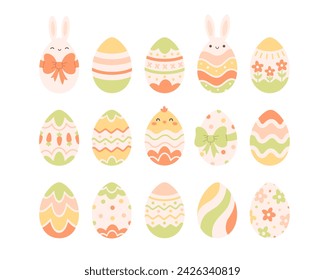 Colección de huevos de Pascua. Huevos pintados. Feliz Pascua. Ilustración vectorial en estilo plano