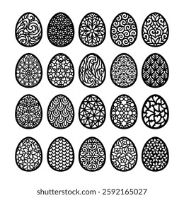 Easter eggs collection. Paper or laser cutting templates. Vector illustrations. Decorative holiday symbol. Floral ornate egg. Isolated on white background. Carved pattern. For laser, plotter cutting.