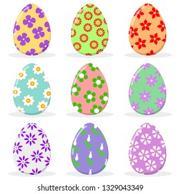 Easter eggs collection. Set of colorful Easter eggs with floral decoration. Isolated on white vector Easter eggs.