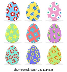 Easter eggs collection. Set of colorful Easter eggs with floral decoration. Isolated on white vector Easter eggs.