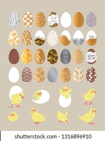 easter eggs collection and set of cute chickens. Metallic set gold and silver texture. Eggs with doodles pattern, inscription.