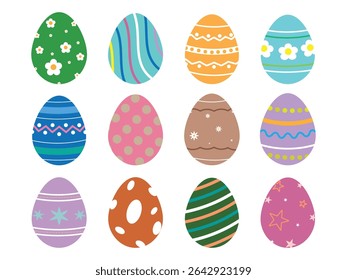 Easter Eggs collection. Set of painted Easter eggs .Colorful eggs with ornament in flat design.  Vector illustration flat oval shape elements.