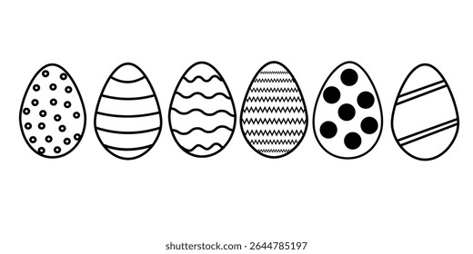 Easter Eggs collection .Set of Easter eggs simple line icons. Set of broken eggs icon.  Vector icons of eggs with ornament in flat design Black and outline shapes of cracked Easter day festival 