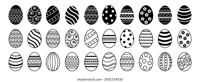 Colección de huevos de Pascua. Conjunto de iconos de línea simple de huevos de Pascua. Iconos vectoriales de huevos con adorno en diseño plano	