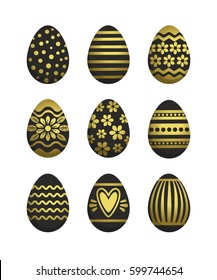 Easter eggs collection. Vector set of black and gold Easter eggs with different ornaments and patterns. Isolated on white.