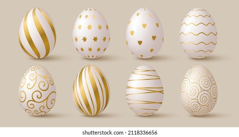 Ostereier-Sammlung. Weiße und goldene 3-D-elegante Designelemente. Vektorgrafik.