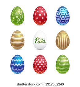 Easter eggs color set with decorated pattern elements for gift, seasonal celebration and holidays in april on white background vector illustration