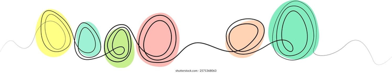 Easter eggs and color spots, one continuous line drawing. Easter illustration. Vector illustration of stylized eggs in black line. Eggs vector design