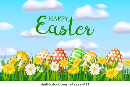 Easter eggs colored, green grass daisy and dandelion