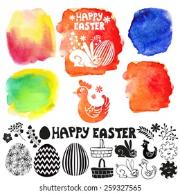 Easter eggs with colored  Watercolor stamps.Easter eggs with ornaments,rabbit,basket,chicken Silhouettes .Watercolor template maker.Vector background. Hand drawing painting art