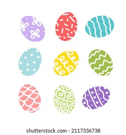 Huevos de Pascua. Huevo colorido y colorido decorado con colores vivos y multicolores. Plano, caricatura. Ilustración aislada del material vectorial eps 10 en fondo blanco