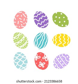 Huevos de Pascua. Huevo colorido y colorido decorado con colores vivos y multicolores. Plano, caricatura. Ilustración aislada del material vectorial eps 10 en fondo blanco