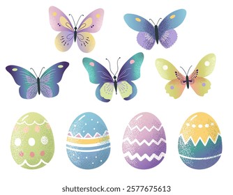 Easter eggs and colorful butterflies. Hand drawn spring elements with a delicate texture.