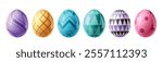 Easter eggs colorful clipart set. 3d easter egg in smooth and shiny clip art with printed pattern like spiral, checkered, zigzag and triangle graphic elements. Vector illustration oval collection.
