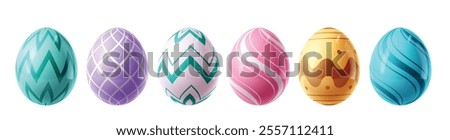 Easter eggs colorful clipart set. Colorful easter egg with printed pattern like zigzag, checkered, spiral and curve clip art graphic elements. Vector illustration smooth oval collection.
