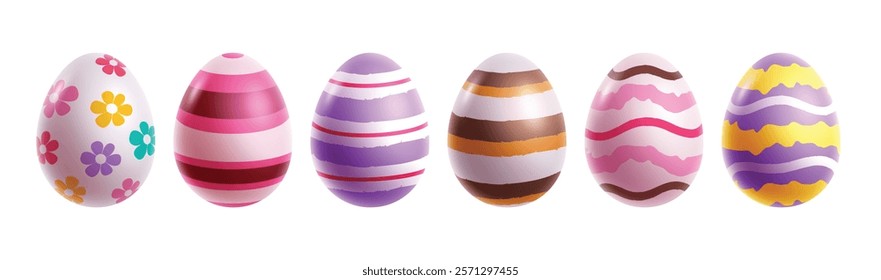 Easter eggs colorful drawing clipart set. Easter egg 3d clip art elements collection with flowers and stripes pattern for hunting tradition. Vector illustration oval graphic design.   
