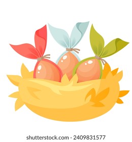 Easter eggs with colorful ears in a nest made of straw. Festive composition, vector illustration on a white background. Cartoon nest with three eggs.Happy Easter. Design for Easter cards, banners.
