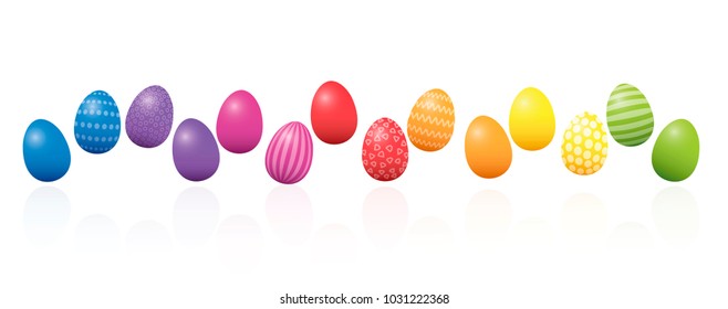 Easter eggs. Colorful line, loosely arranged, different colors and patterns. Rainbow colored three-dimensional isolated vector illustration on white background.