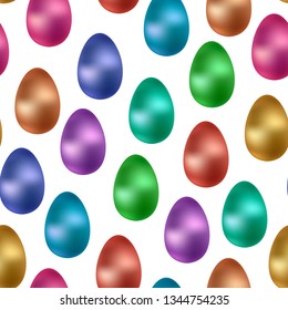 Easter eggs colorful metallic seamless pattern. Easter-egg hunt design of nine on white background. Vector illustration