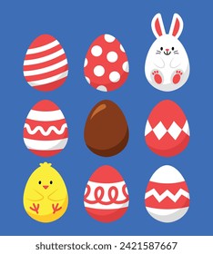 Easter eggs with colorful modern pattern. Chocolate egg. Bunny, Rabbit. Cute cartoon design elements for happy seasonal holiday greeting card, poster, ads banner, promotion, party decoration.