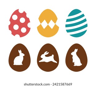 Easter eggs with colorful modern pattern. Chocolate egg. Bunny, Rabbit. Cute cartoon design elements for happy seasonal holiday greeting card, poster, ads banner, promotion, party decoration.