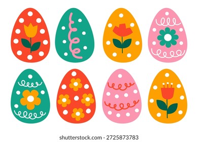 Easter eggs, colorful painted egg collection for holiday greeting cards, tags, print, vector elements set. Vector hand drawn Easter symbol set, clip art.
