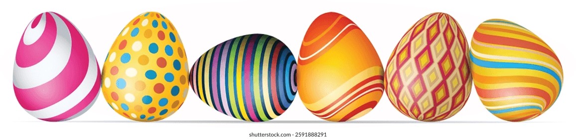 Easter Eggs with Colorful Patterns in a Row. Isolated Festive Eggs Detailed Art.